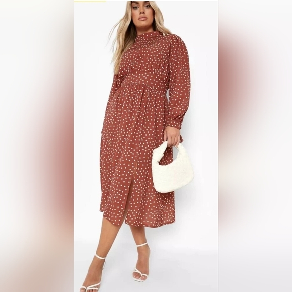 Boohoo Rust Polka Dot High-Neck Midi Dress. Size 16 - Picture 3 of 6